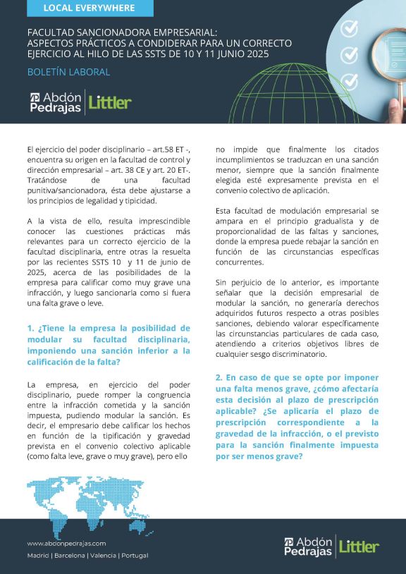 NOVEDAD LABORAL.- FACULTAD SANCIONADORA EMPRESARIAL: ASPECTOS PRÁCTICOS A CONSIDERAR PARA UN CORRECTO EJERCICIO AL HILO DE LAS SSTS DE 10 Y 11 JUNIO 2