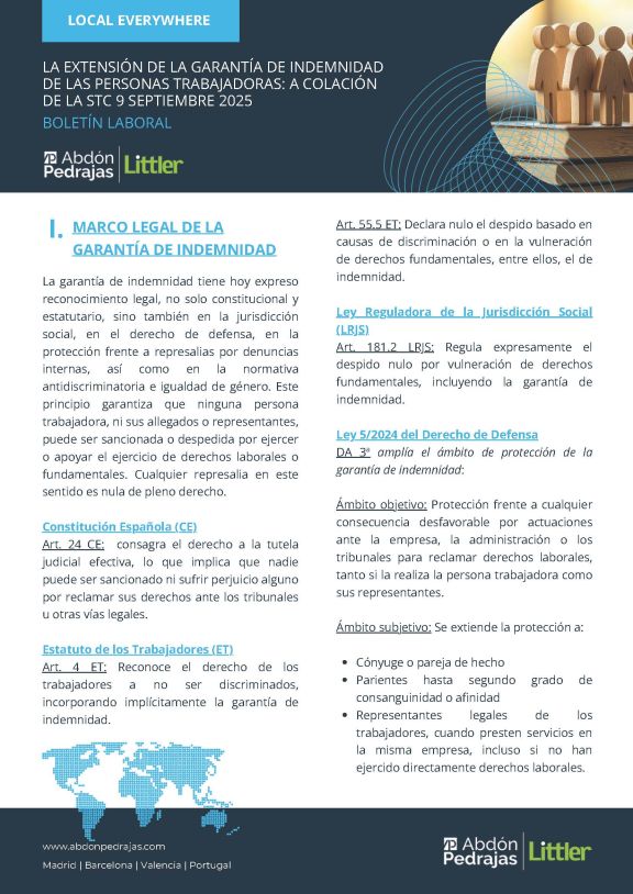 BOLETÍN LABORAL: LA EXTENSIÓN DE LA GARANTÍA DE INDEMNIDAD DE LAS PERSONAS TRABAJADORAS: A COLACIÓN DE LA STC 9 SEPTIEMBRE 2025
