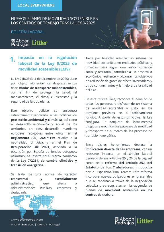 Boletín Laboral: Nuevos planes de movilidad sostenible en los centros de trabajo tras la Ley 9/2025