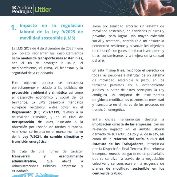 Boletín Laboral: Nuevos planes de movilidad sostenible en los centros de trabajo tras la Ley 9/2025