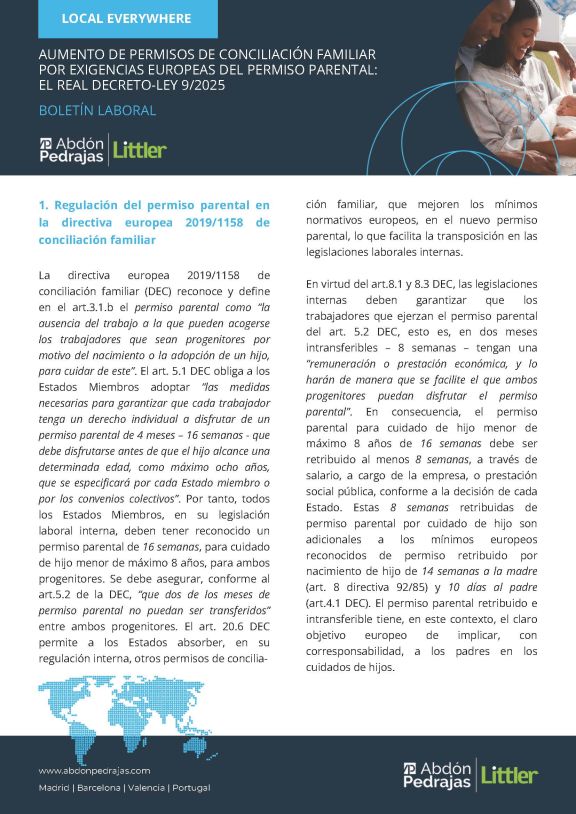 NOVEDAD LABORAL: AUMENTO DE PERMISOS DE CONCILIACIÓN FAMILIAR POR EXIGENCIAS EUROPEAS DEL PERMISO PARENTAL: EL REAL DECRETO-LEY 9/2025